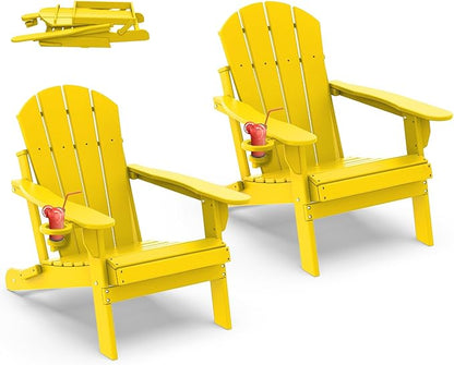 IVY&LANE Folding-Adirondack-Chairs-Set-of-2 | HDPE Plastic | Outdoor Fire Pit Chair with Cup Holder | Yellow | Poly | Weather Resistant | for Patio Deck Poolside Garden Beach