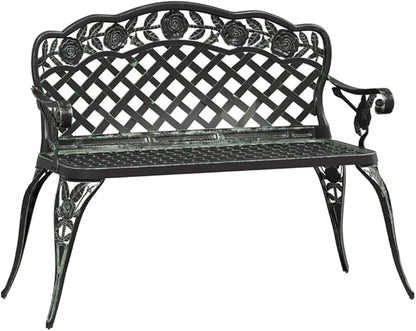 Outdoor Garden Bench, Cast Aluminum 2-Seater Patio Bench with Floral Pattern, Weather-Resistant Metal Bench for Park, Porch, Backyard and Terrace, Green