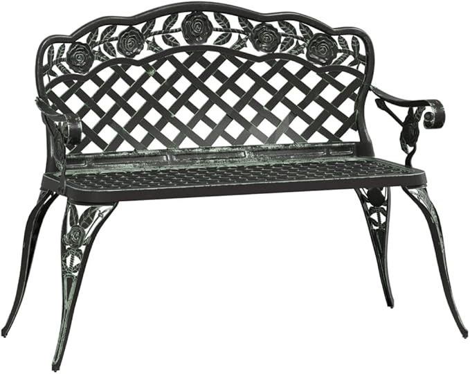 Outdoor Garden Bench, Cast Aluminum Patio Bench with Floral Pattern, Weather-Resistant 2-Seater Metal Bench for Porch, Backyard, and Terrace, Green