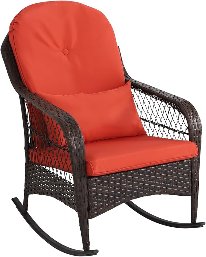 LVUYOYO Outdoor Wicker Rocking Chair, Patio Rattan Rocker Chair with Cushions, Rocking Wicker Furniture for Deck, Porch, Garden, Backyard (Orange Red)