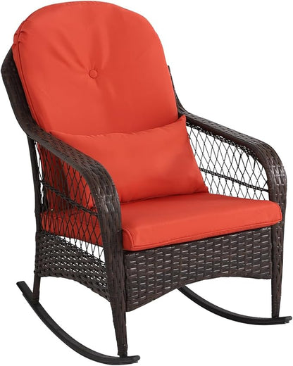 LVUYOYO Outdoor Wicker Rocking Chair, Patio Rattan Rocker Chair with Cushions, Rocking Wicker Furniture for Deck, Porch, Garden, Backyard (Orange Red)