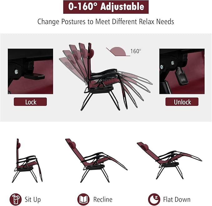 Tangkula Zero Gravity Chair, Folding Patio Lounge Chair Adjustable Outdoor Recliner with Cup Holder - Photo 5