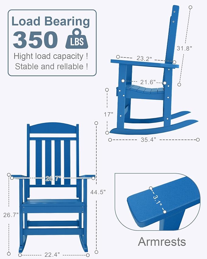 Outdoor Rocking Chairs Set of 2, Oversized High Back Patio Rocking Chairs, All Weather Porch Rocking Chairs for Outside. Pacific Blue