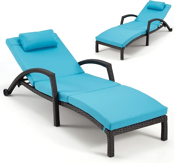 HOMREST Outside Chaise Lounge Chairs Set of 2, Adjustable 5 Position Outdoor PE Rattan Wicker Patio Pool Lounge Chair with Cushion, Arm, Pillow and Wheels for Poolside Backyard Deck Porch,Blue
