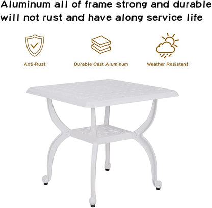 JARDIN DE CENTENNIAL Cast Aluminum Outdoor Side Table,Anti-Rust Outdoor End Table,Patio Coffee Bistro Table for Indoor,Garden,Porch,Balcony(Square White)