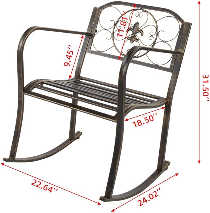 VINGLI Outdoor Rocking Chair, Heavy Duty 660 LBS Wrought Cast Iron Rocking Chair with Back & Armrest, Metal Patio Rockers for Porch, Backyard or Garden