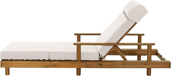 Christopher Knight Home Tuki Acacia Wood Chaise Lounge Chair Outdoor, Poolside Sun Lounger Recliner, Outdoor Chaise Lounge with 4-Fold Cushions, Adjustable Backrest Single Lounge Sofa, Cream+Teak