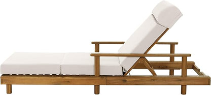 Christopher Knight Home Tuki Acacia Wood Chaise Lounge Chair Outdoor, Poolside Sun Lounger Recliner, Outdoor Chaise Lounge with 4-Fold Cushions, Adjustable Backrest Single Lounge Sofa, Cream+Teak