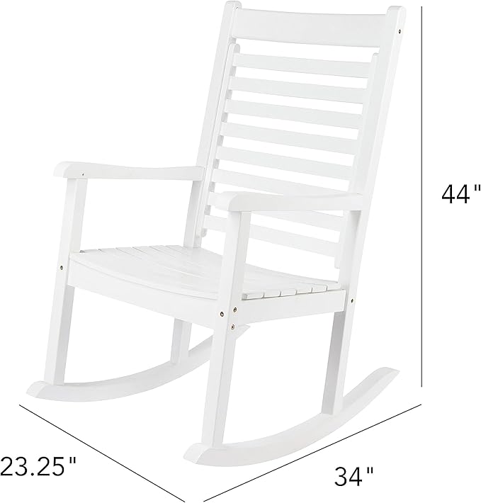 Shine Company Modern Wood Rocking Chair, Ergonomic Wide Seat Porch Rocker, White