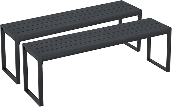 53" Outdoor Bench, 2 Pieces Patio Backless Garden Bench with Metal Frame & Faux Wood Seat for Porch, Entryway, Lawn, Backyard, Black