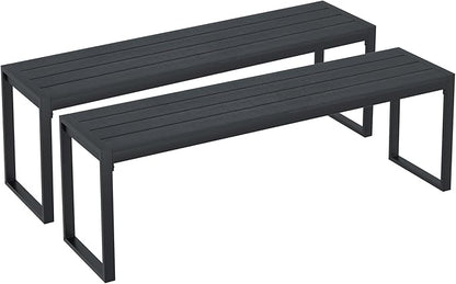 53" Outdoor Bench, 2 Pieces Patio Backless Garden Bench with Metal Frame & Faux Wood Seat for Porch, Entryway, Lawn, Backyard, Black