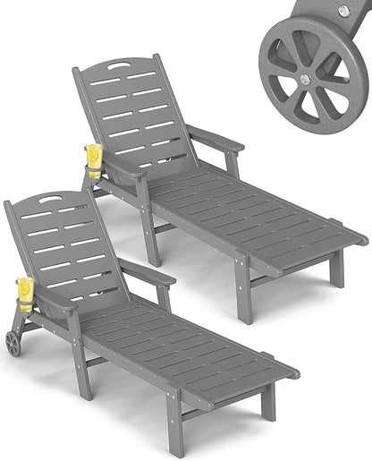 FOOWIN Chaise Lounge Chair Set of 2，HDPE Lounge Chair Outdoor with 5 Positions,Oversized Pool Lounge Chairs with Rolling Wheels & Cup Holder for Poolside Deck Backyard,Grey