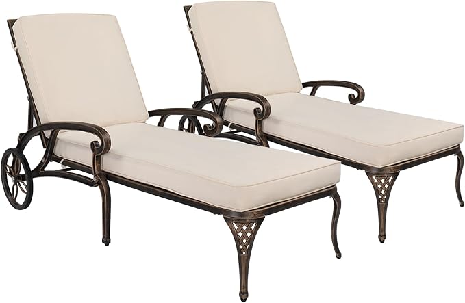 VINGLI Cast Aluminum Outdoor Chaise Lounge Chair with Wheels Set of 2 - Photo 1