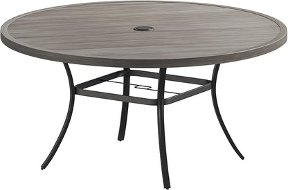 Patio Dining Table for 8-10, Round Metal Outdoor Table with 1.57" Umbrella Hole, 60" Outdoor Slat Tabletop Dining Table for Backyard, Porch, Lawn, Grey