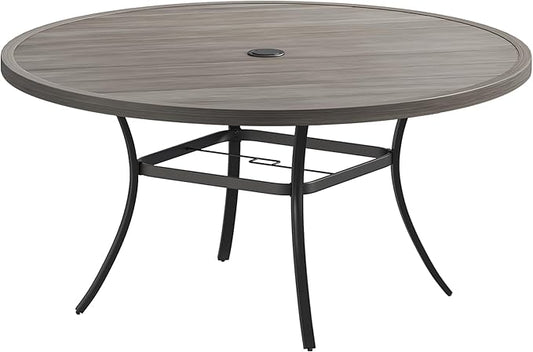 Patio Dining Table for 8-10, Round Metal Outdoor Table with 1.57" Umbrella Hole, 60" Outdoor Slat Tabletop Dining Table for Backyard, Porch, Lawn, Grey