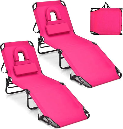 GYMAX Tanning Chair, 330lbs Beach Lounge Chair with Face Hole, Detachable Washable Pillow & Carry Strap, Adjustable Folding Chaise Lounge, Layout Chair for Outside, Patio, Poolside, Lawn (2, Pink)