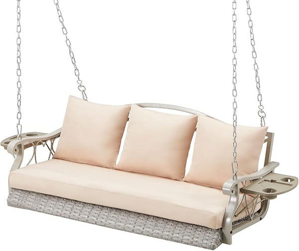 3-Person Wicker Porch Swing Chair Heavy Duty 900 LBS Outdoor Rattan Patio Swing Chair w/Cup-Holder & Steel Chains - Photo 1