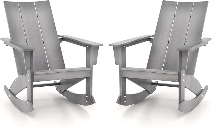 Giantex Outdoor Rocking Chairs Set of 2 - Waterproof HDPE Adirondack Rocker with Curved Back, Rounded Armrest, 330lbs Weight Capacity, Outside Chair for Patio, Porch, Balcony, Backyard, Poolside, Gray
