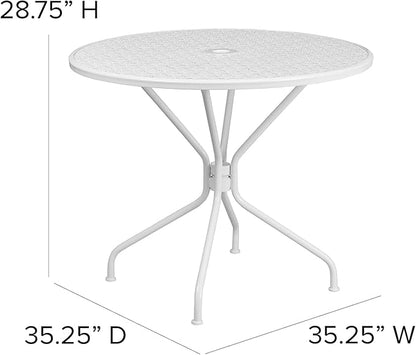 Flash Furniture Oia Commercial Grade 35.25" Round White Indoor-Outdoor Steel Patio Table with Umbrella Hole