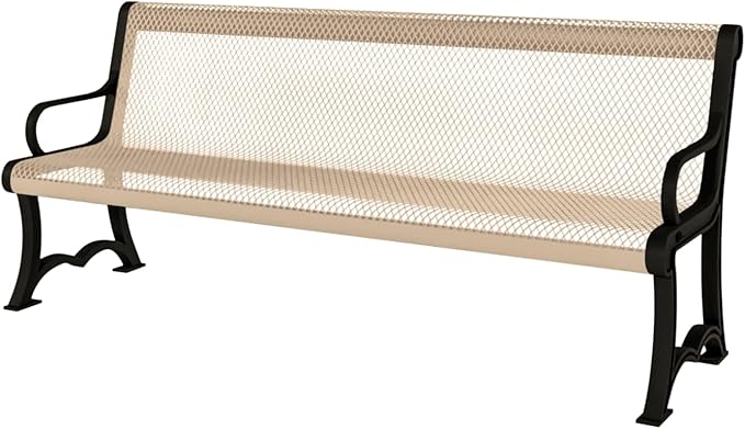 COATEDOUTDOORFURNITURE Coated Outdoor Furniture Heavy-Duty Outdoor Bench Thermoplastic Coated, Expanded Metal, Commercial-Grade Garden Bench, Made in America (Portable with Back, 4 Ft, Tan)