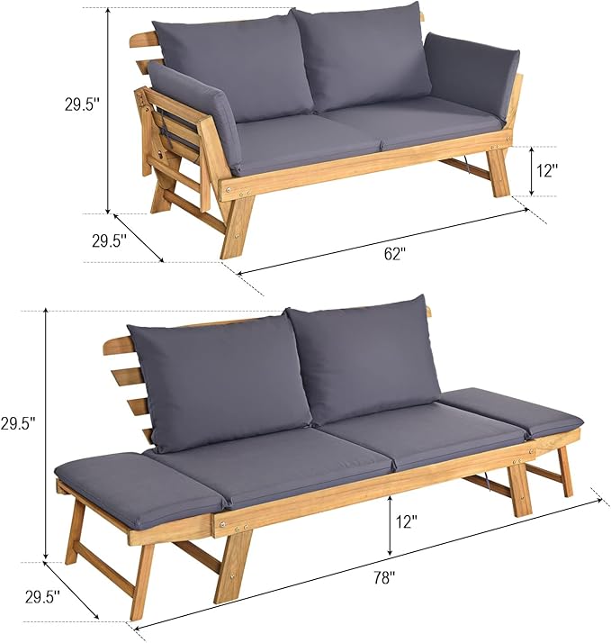 DORTALA Patio Convertible Couch Sofa Bed, Acacia Wood Daybed with Adjustable Armrest, Collapsible Chaise Lounge w/Cushions & Pillows, Grey