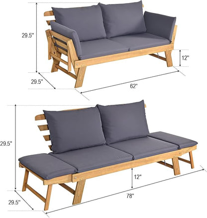 DORTALA Patio Convertible Couch Sofa Bed, Acacia Wood Daybed with Adjustable Armrest, Collapsible Chaise Lounge w/Cushions & Pillows, Grey