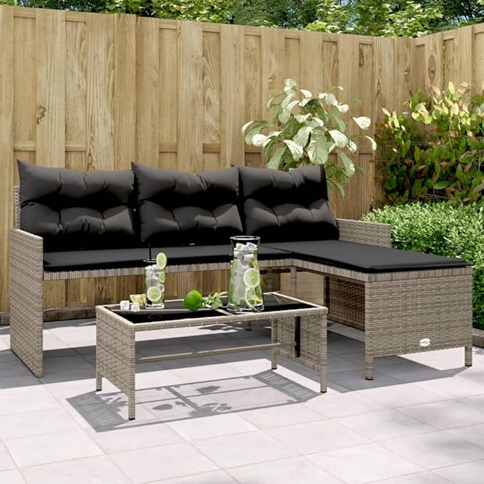 vidaXL Patio Garden Sofa Set L-Shaped Gray Poly Rattan with Table - Outdoor Seating with Washable Cushions for Deck, Terrace
