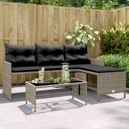 vidaXL Patio Garden Sofa Set L-Shaped Gray Poly Rattan with Table - Outdoor Seating with Washable Cushions for Deck, Terrace