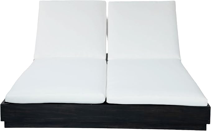 Christopher Knight Home Toridan Double Chaise Lounge Outdoor with Cushion, Acacia Wood Patio Chaise Lounge Set of 2, Adjustable Backrest Poolside Sun Lounger, Wood Sunbathing Chair, Black+White