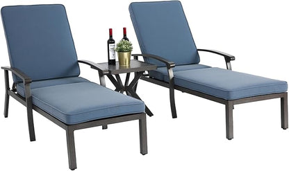 Chaise Lounge Chair Outdoor Cast Aluminum Reclining Lounger with Cushion, 5-Position Adjustable Backrest, Waterproof Padded Seat, Hidden Wheels, Elegant Poolside Garden Patio Seating (Blue)