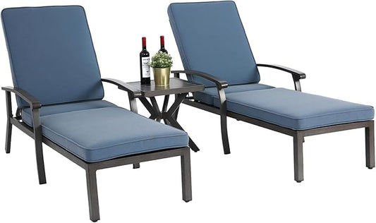Chaise Lounge Chair Outdoor Cast Aluminum Reclining Lounger with Cushion, 5-Position Adjustable Backrest, Waterproof Padded Seat, Hidden Wheels, Elegant Poolside Garden Patio Seating (Blue)