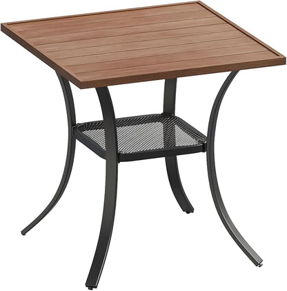 DIFY 27.6" Square Patio Dining Table, Walnut Small Outdoor Bistro Table with Rust Resistant Metal Frame, Ideal for Lawn, Backyard and Deck