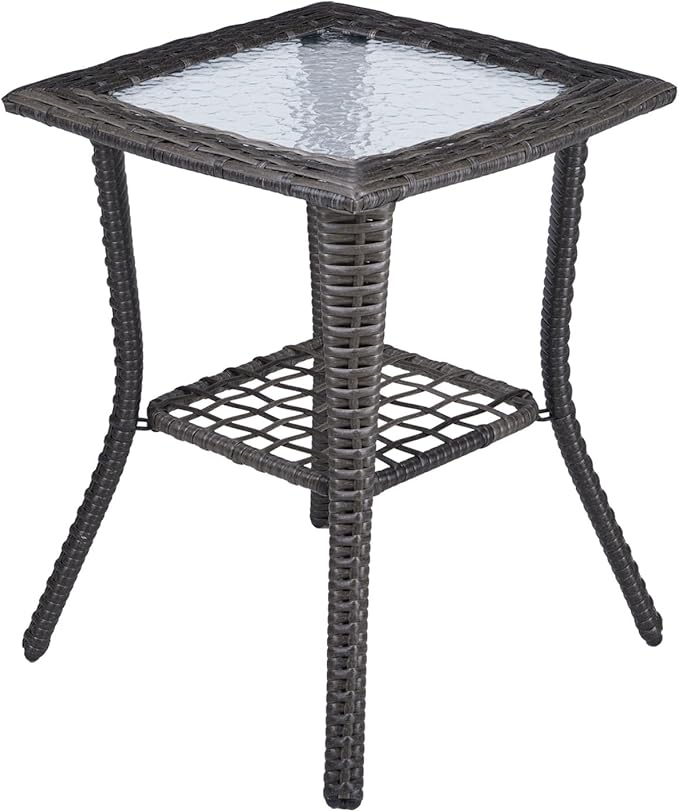 Henf Wicker Rattan Side Table Outdoor Square End Table Coffee Table with Glass Top, Patio Wicker Garden Side Table Small End Table with Storage for Patio Courtyard Balcony