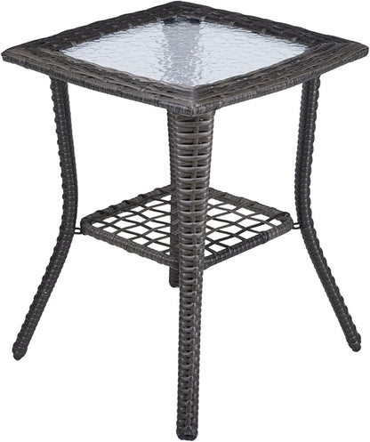 Henf Wicker Rattan Side Table Outdoor Square End Table Coffee Table with Glass Top, Patio Wicker Garden Side Table Small End Table with Storage for Patio Courtyard Balcony