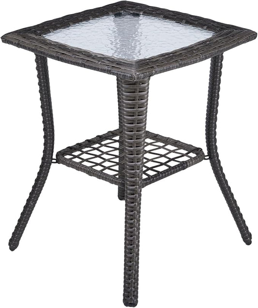 Henf Wicker Rattan Side Table Outdoor Square End Table Coffee Table with Glass Top, Patio Wicker Garden Side Table Small End Table with Storage for Patio Courtyard Balcony
