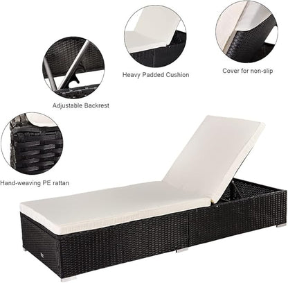 PE Wicker Chaise Lounge Chairs for Outside Outdoor Patio Reclining Chair Sun Bed Patio Couch with Removable Cushion Covers for Patio, Deck, Poolside, Balcony, Beach, Yard Black