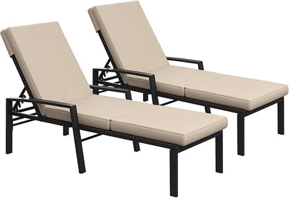 AECOJOY Chaise Lounge Chairs for Outdoor, Lounge Chairs Set of 2, Adjustable PE Rattan Wicker Patio Pool Lounge Chair with Cushion and Wheels for Backyard Deck Porch Garden, Brown Rattan&Khaki Cushion