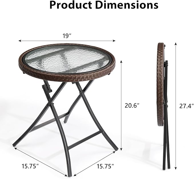 Outdoor Side Table, Round Rattan Patio Side Table, Small Foldable Wicker Table with Tempered Glass Table Top for Lawn Garden Balcony Porch Deck Pool