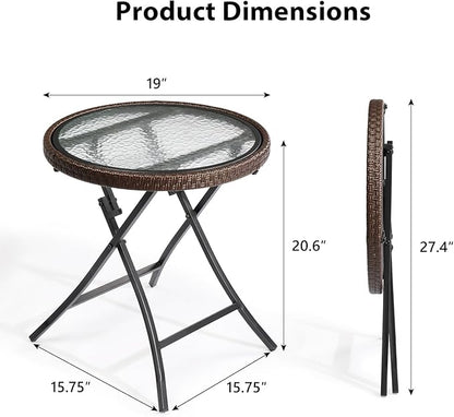 Outdoor Side Table, Round Rattan Patio Side Table, Small Foldable Wicker Table with Tempered Glass Table Top for Lawn Garden Balcony Porch Deck Pool