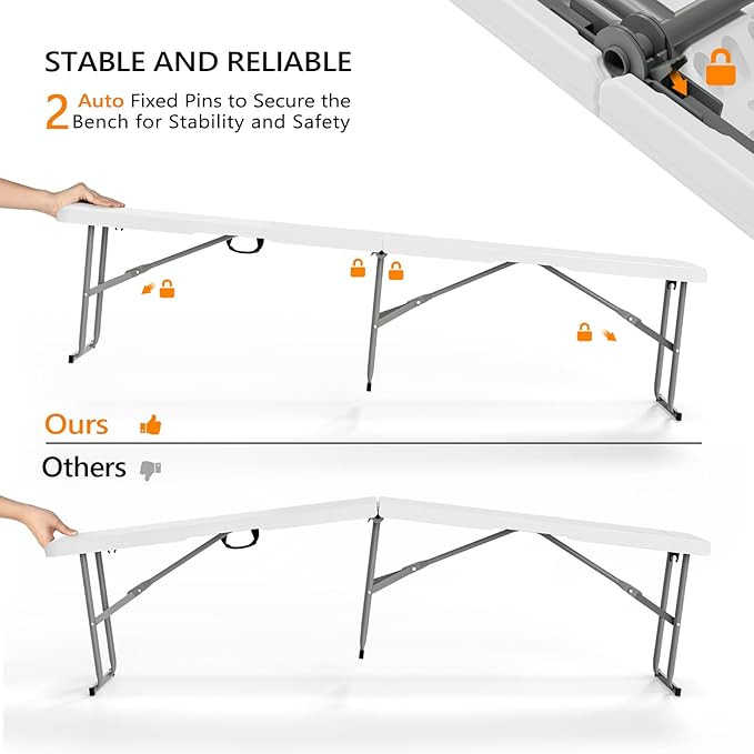 VINGLI 6 feet Plastic Folding Bench,Portable in/Outdoor Picnic Party Camping Dining Seat, Garden Soccer Multipurpose Entertaining Activities, Smooth HDPE Tabletop (2, White, 6ft)