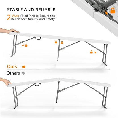 VINGLI 6 feet Plastic Folding Bench,Portable in/Outdoor Picnic Party Camping Dining Seat, Garden Soccer Multipurpose Entertaining Activities, Smooth HDPE Tabletop (1, White, 6ft)