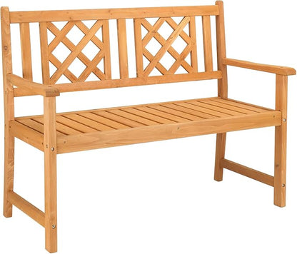 Outdoor Bench Weatherproof, Wooden Garden Bench, Outdoor Wood Patio Bench, Rustic Two Person Loveseat Chair w/Armrest for Porch Poolside Park Backyard Balcony, Capacity 605Lbs, Grid Backrest Burlywood