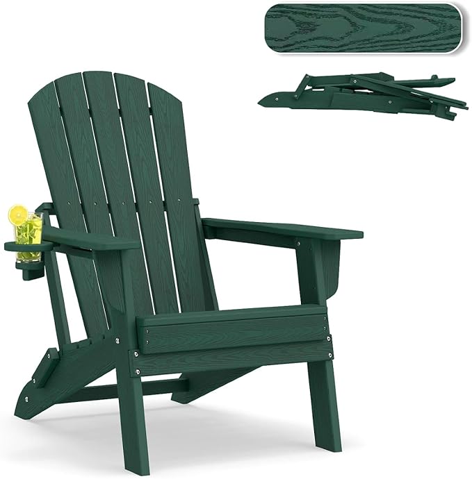 Folding Adirondack Chair, HDPE Outdoor Patio Chair with Cup Holder, All Weather Plastic Lawn Chair with Wide Armrests, Portable Patio Chair for Backyard Deck Garden Fire Pit Poolside, Green