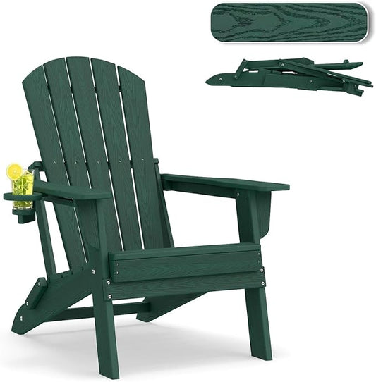 Folding Adirondack Chair, HDPE Outdoor Patio Chair with Cup Holder, All Weather Plastic Lawn Chair with Wide Armrests, Portable Patio Chair for Backyard Deck Garden Fire Pit Poolside, Green