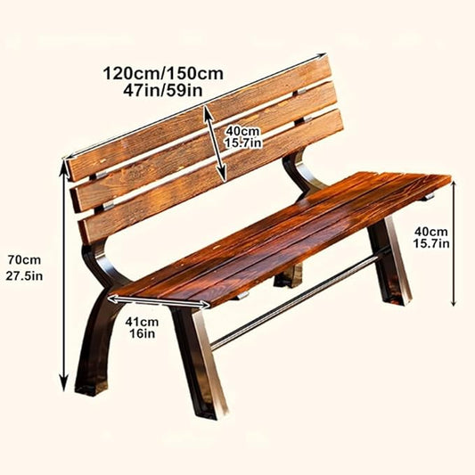 Outdoor Garden Bench, Park Bench with Back, Metal Steel Frame Bench Patio, Metal Bench, Perfect for Garden, Patio, Porch, Deck(Brown,150cm/59in)
