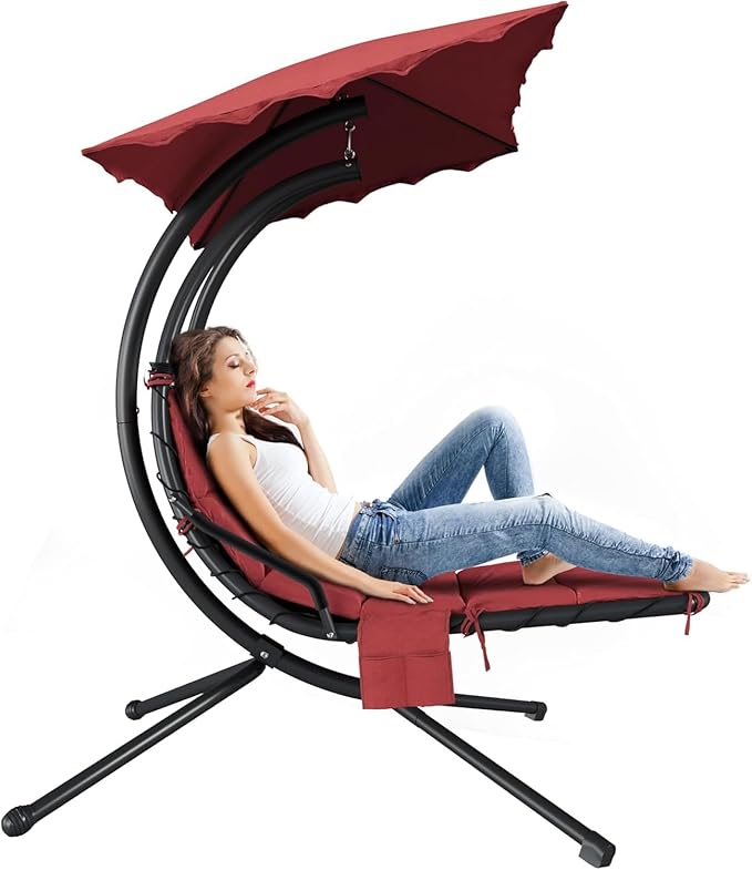 Indoor Outdoor Chaise Lounge, Patio ChaiseLounge with Removable Canopy & Built-in Pillow, Hammock Chair with Stand - Photo 1