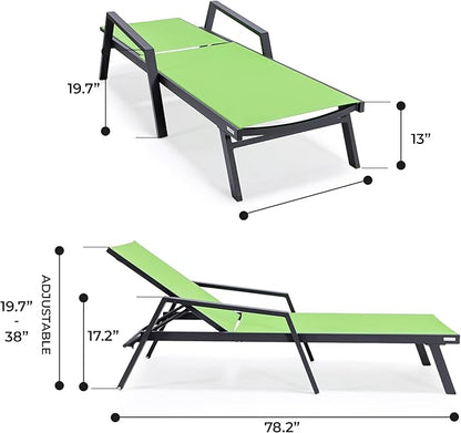 LeisureMod Marlin Patio Chaise Lounge Chair, Adjustable Outdoor Black Aluminum Lounge with Breathable Mesh Sling Back, Lightweight Poolside Reclining Sun Lounger Weather & UV Resistant (Green)