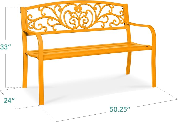 Best Choice Products Outdoor Bench Steel Garden Patio Porch Furniture for Lawn, Park, Deck w/Floral Design Backrest - Photo 2