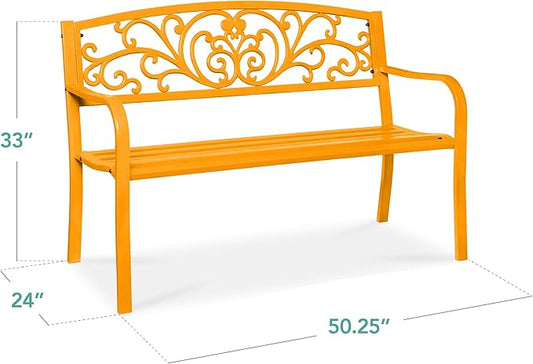 Best Choice Products Outdoor Bench Steel Garden Patio Porch Furniture for Lawn, Park, Deck w/Floral Design Backrest, Slatted Seat - Marigold