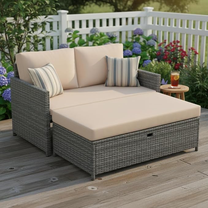 Tangkula Outdoor Rattan Daybed, Wicker Loveseat & 31 Gallon Storage Ottoman w/Soft Cushions - Photo 2